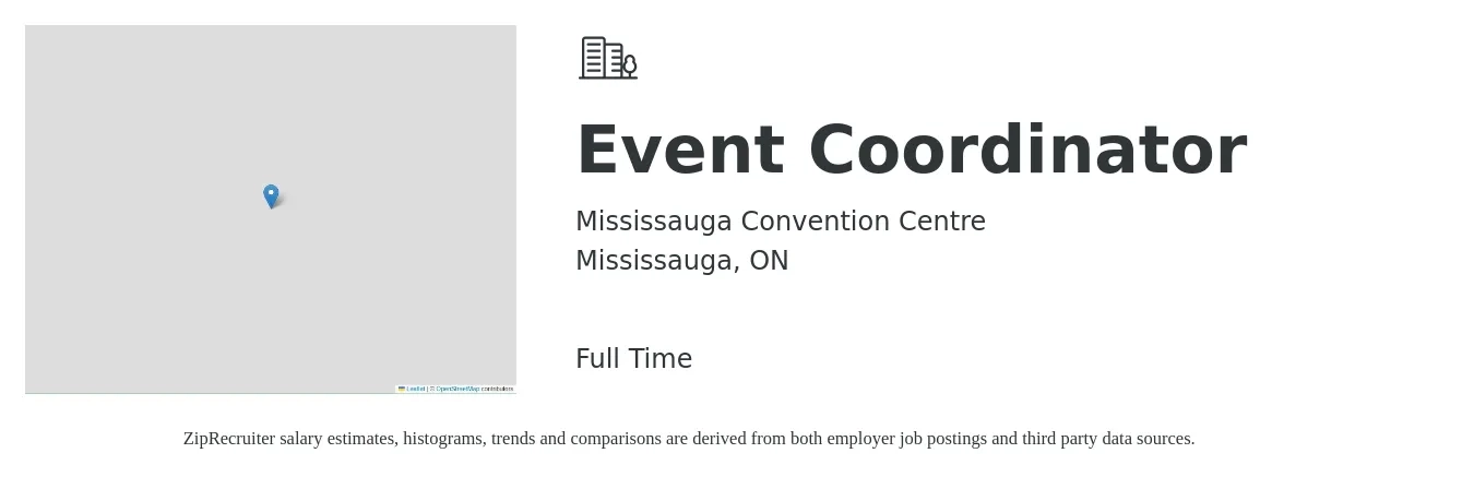 Mississauga Convention Centre job posting for a Event Coordinator in Mississauga, ON with a map of Mississauga location.