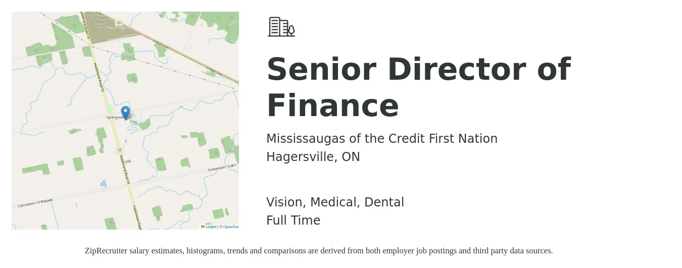 Mississaugas of the Credit First Nation job posting for a Senior Director of Finance in Hagersville, ON and benefits including medical, pto, retirement, vision, dental, and life_insurance with a map of Hagersville location.
