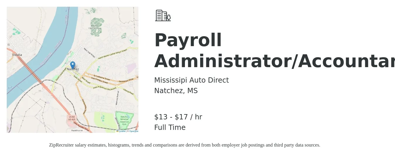 Mississipi Auto Direct job posting for a Payroll Administrator/Accountant in Natchez, MS with a salary of $14 to $18 Hourly with a map of Natchez location.