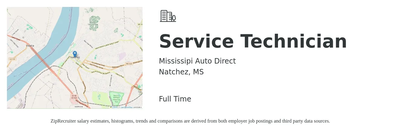 Mississipi Auto Direct job posting for a Service Technician in Natchez, MS with a salary of $17 to $24 Hourly with a map of Natchez location.