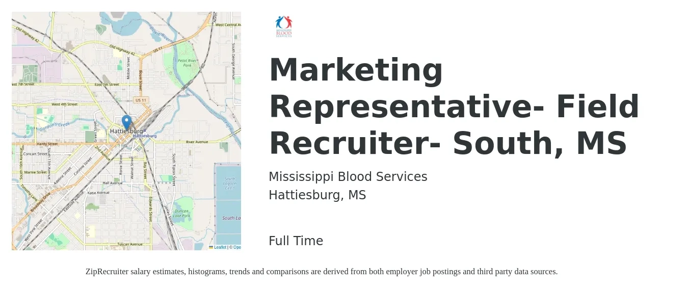Mississippi Blood Services job posting for a Marketing Representative- Field Recruiter- South, MS in Hattiesburg, MS with a salary of $42,100 to $51,500 Yearly with a map of Hattiesburg location.