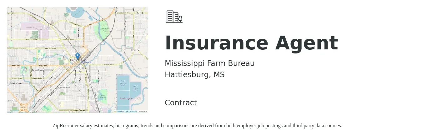 Mississippi Farm Bureau job posting for a Insurance Agent in Hattiesburg, MS with a salary of $44,100 to $76,300 Yearly with a map of Hattiesburg location.