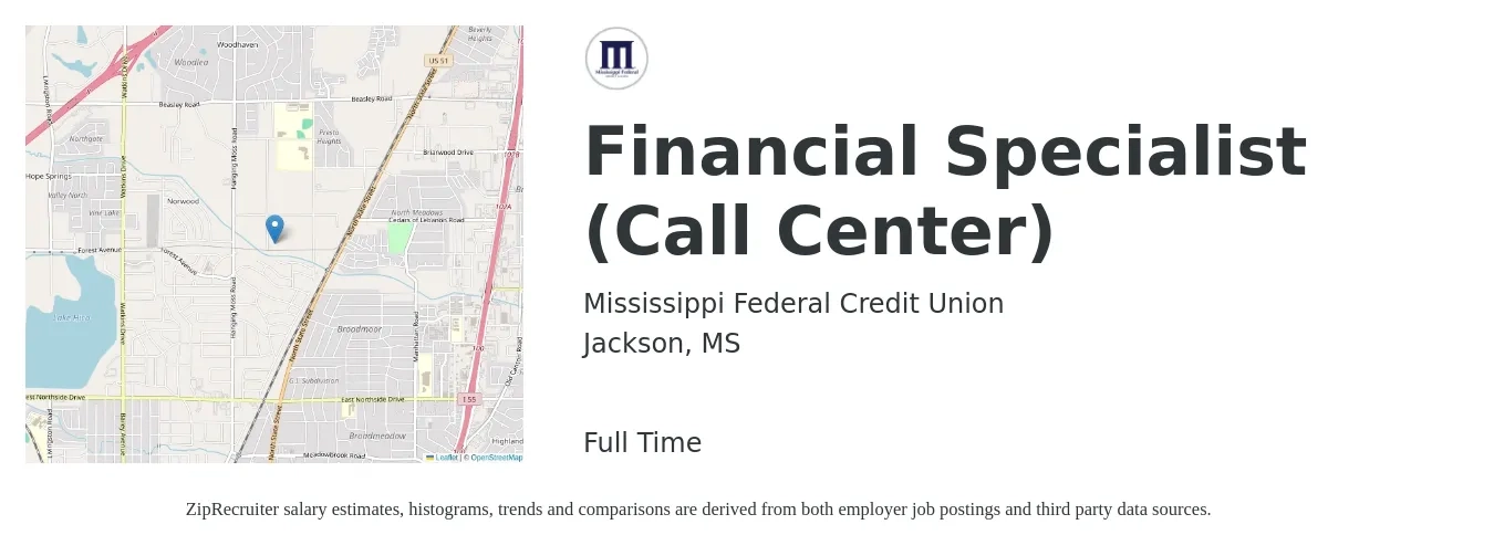 Mississippi Federal Credit Union job posting for a Financial Specialist (Call Center) in Jackson, MS with a salary of $31,900 to $60,000 Yearly with a map of Jackson location.