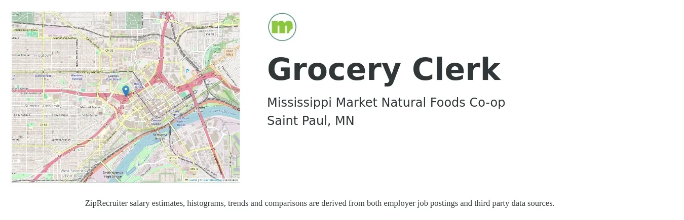 Mississippi Market Natural Foods Co-op job posting for a Grocery Clerk in Saint Paul, MN with a salary of $16 Hourly with a map of Saint Paul location.