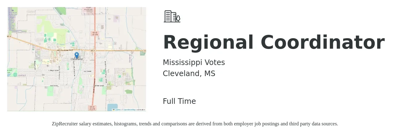 Mississippi Votes job posting for a Regional Coordinator in Cleveland, MS with a salary of $65,000 Yearly with a map of Cleveland location.