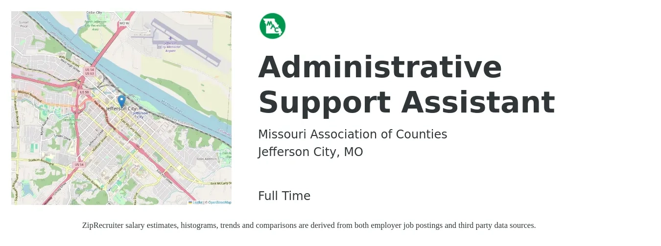 Missouri Association of Counties job posting for a Administrative Support Assistant in Jefferson City, MO with a salary of $33,200 to $44,100 Yearly with a map of Jefferson City location.