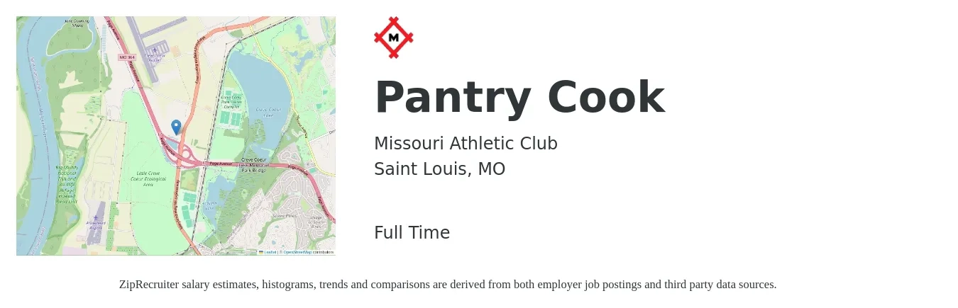 Missouri Athletic Club job posting for a Pantry Cook in Saint Louis, MO with a salary of $16 to $19 Hourly with a map of Saint Louis location.