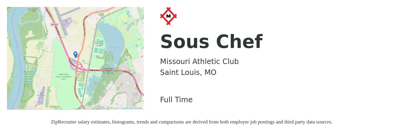 Missouri Athletic Club job posting for a Sous Chef in Saint Louis, MO with a salary of $48,600 to $65,600 Yearly with a map of Saint Louis location.