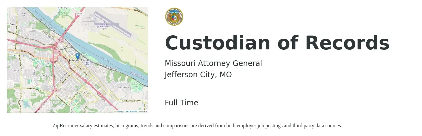 Missouri Attorney General job posting for a Custodian of Records in Jefferson City, MO with a salary of $16 to $20 Hourly with a map of Jefferson City location.