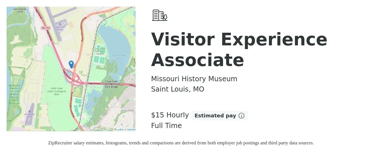 Missouri History Museum job posting for a Visitor Experience Associate in Saint Louis, MO with a salary of $16 Hourly with a map of Saint Louis location.