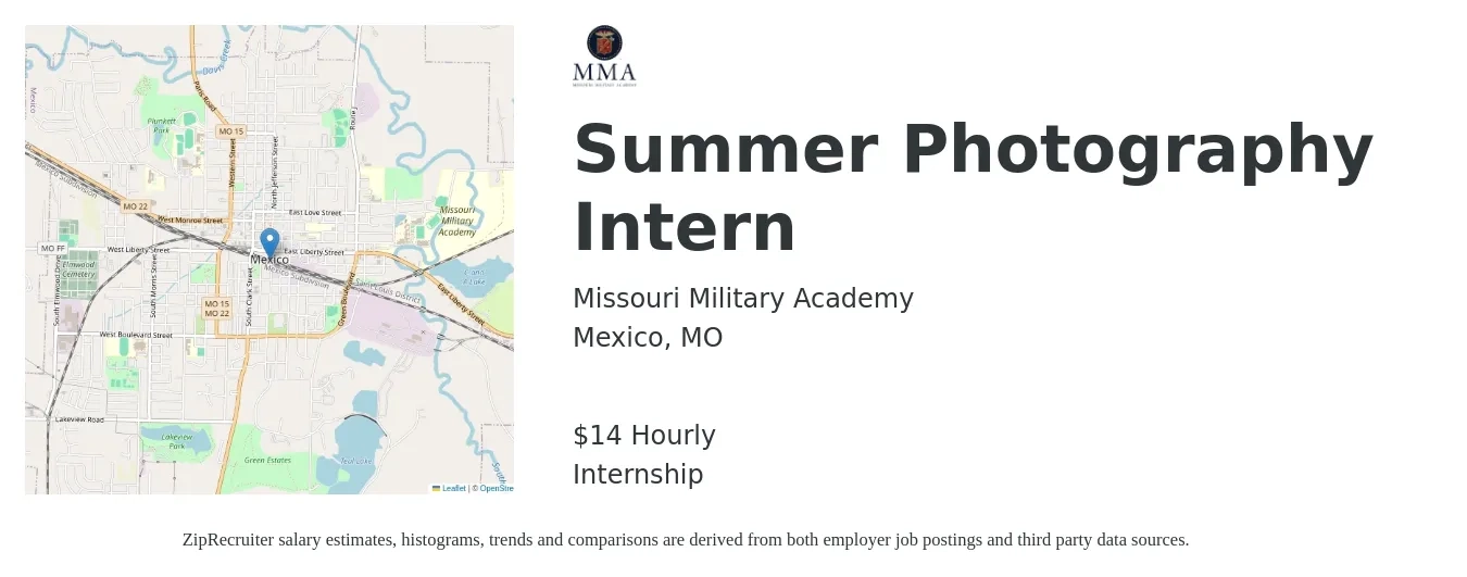 Missouri Military Academy job posting for a Summer Photography Intern in Mexico, MO with a salary of $15 Hourly with a map of Mexico location.