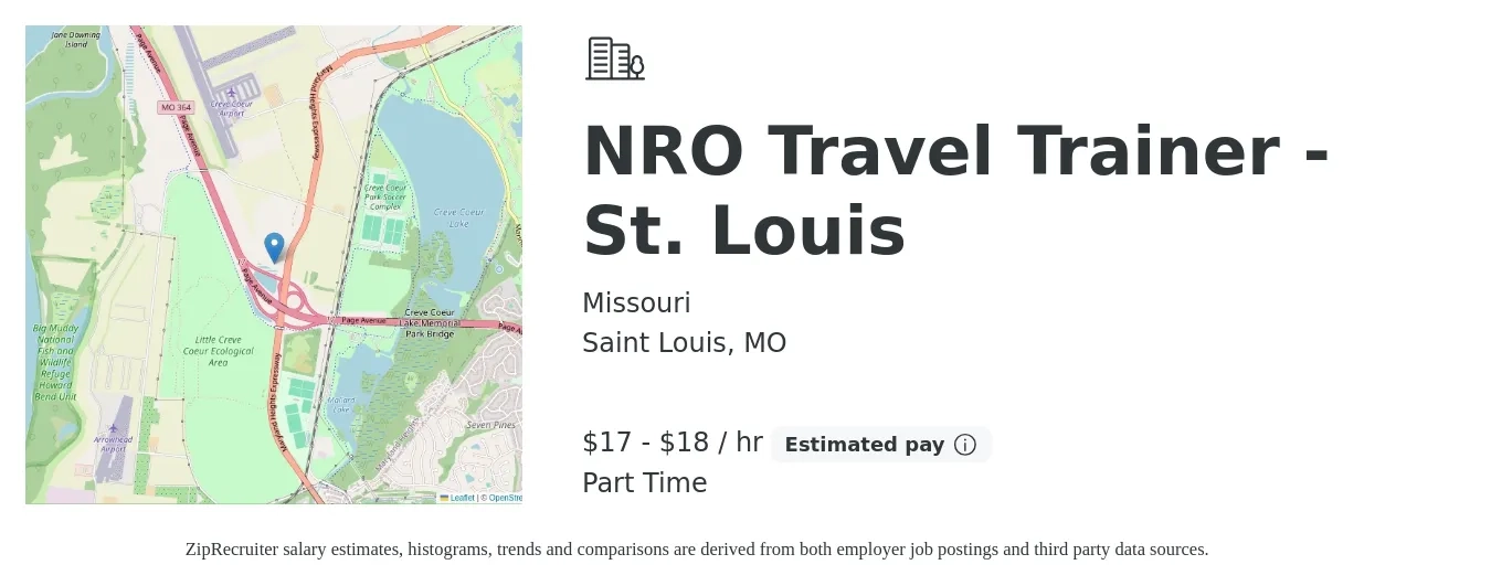 Missouri job posting for a NRO Travel Trainer - St. Louis in Saint Louis, MO with a salary of $18 to $19 Hourly with a map of Saint Louis location.