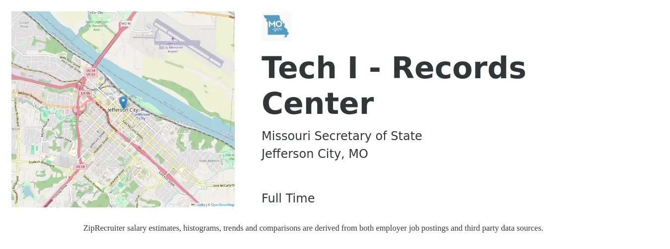 Missouri Secretary of State job posting for a Tech I - Records Center in Jefferson City, MO with a salary of $2,827 Monthly with a map of Jefferson City location.