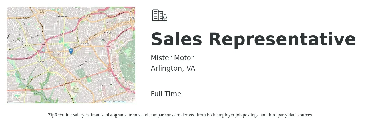 Mister Motor job posting for a Sales Representative in Arlington, VA with a salary of $1,000 to $1,500 Monthly (plus commission) with a map of Arlington location.