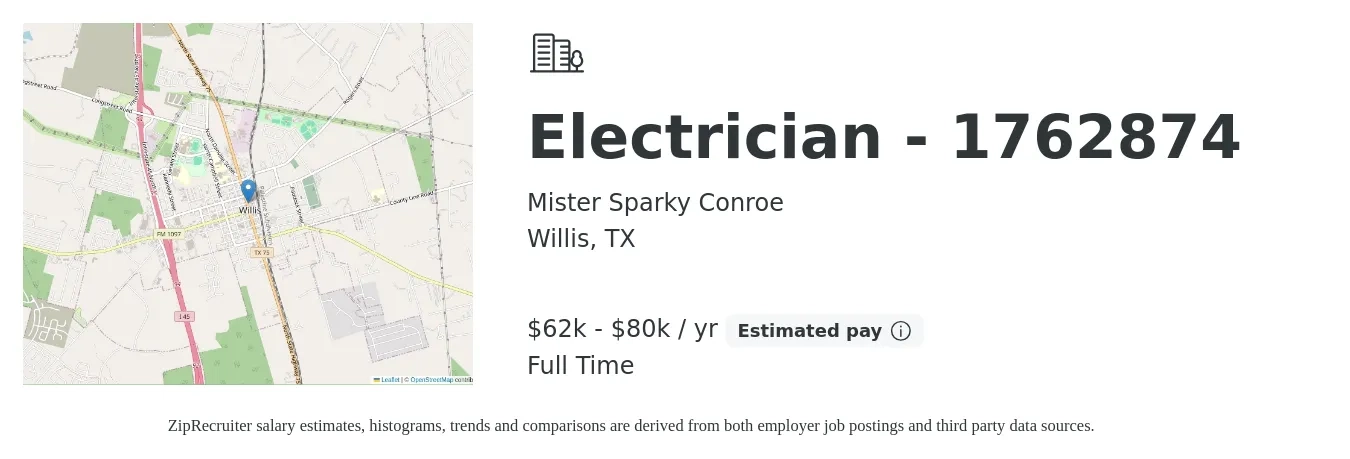 Mister Sparky Conroe job posting for a Electrician - 1762874 in Willis, TX with a salary of $62,000 to $80,000 Yearly with a map of Willis location.
