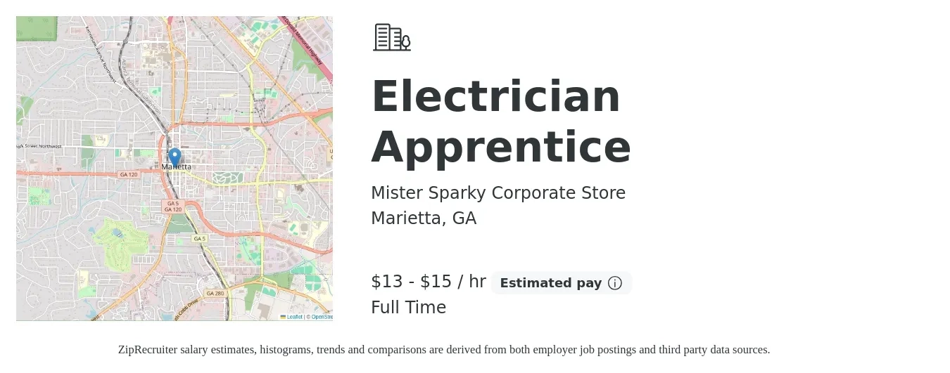 Mister Sparky Corporate Store job posting for a Electrician Apprentice in Marietta, GA with a salary of $14 to $16 Hourly with a map of Marietta location.