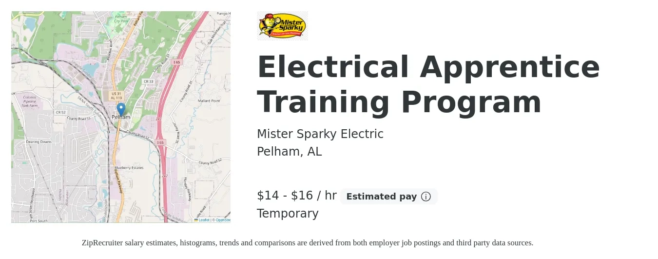 Mister Sparky Electric job posting for a Electrical Apprentice Training Program in Pelham, AL with a salary of $15 to $17 Hourly with a map of Pelham location.