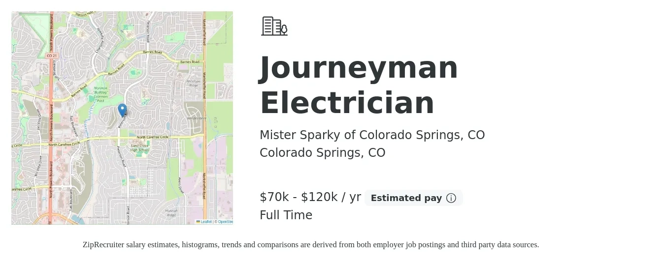 Mister Sparky of Colorado Springs, CO job posting for a Journeyman Electrician in Colorado Springs, CO with a salary of $30 to $40 Hourly with a map of Colorado Springs location.