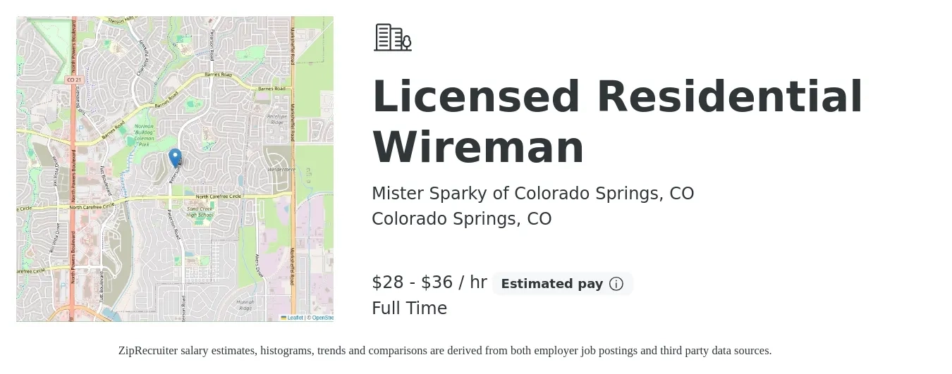 Mister Sparky of Colorado Springs, CO job posting for a Licensed Residential Wireman in Colorado Springs, CO with a salary of $20 to $30 Hourly with a map of Colorado Springs location.