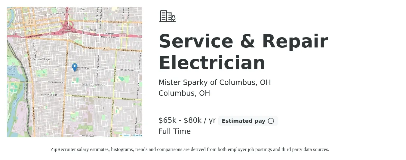 Mister Sparky of Columbus, OH job posting for a Service & Repair Electrician in Columbus, OH with a salary of $65,000 to $80,000 Yearly with a map of Columbus location.