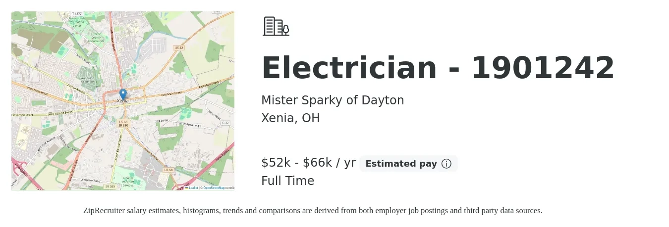 Mister Sparky of Dayton job posting for a Electrician - 1901242 in Xenia, OH with a salary of $52,000 to $66,560 Yearly with a map of Xenia location.