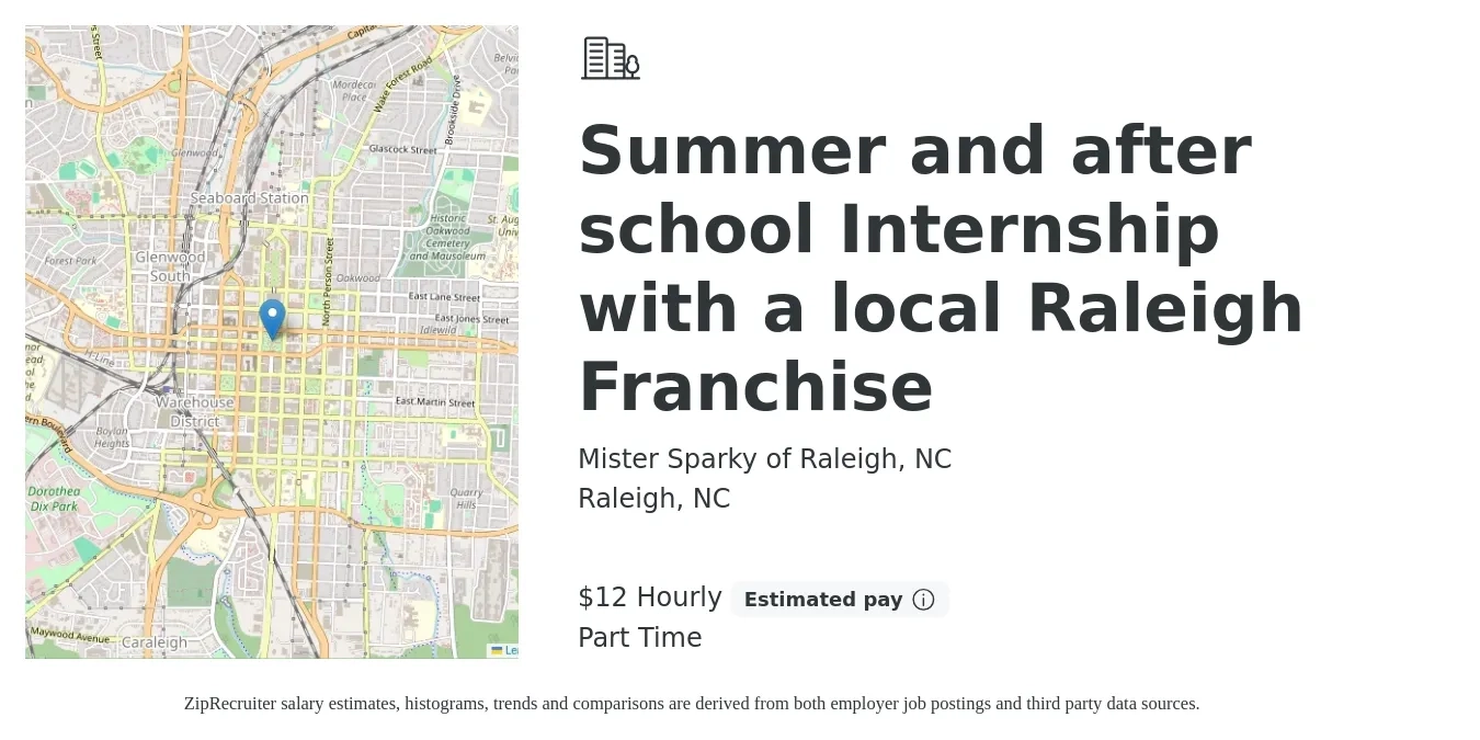 Mister Sparky of Raleigh, NC job posting for a Summer and after school Internship with a local Raleigh Franchise in Raleigh, NC with a salary of $14 Hourly with a map of Raleigh location.