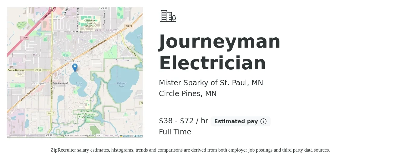 Mister Sparky of St. Paul, MN job posting for a Journeyman Electrician in Circle Pines, MN with a salary of $40 to $75 Hourly with a map of Circle Pines location.