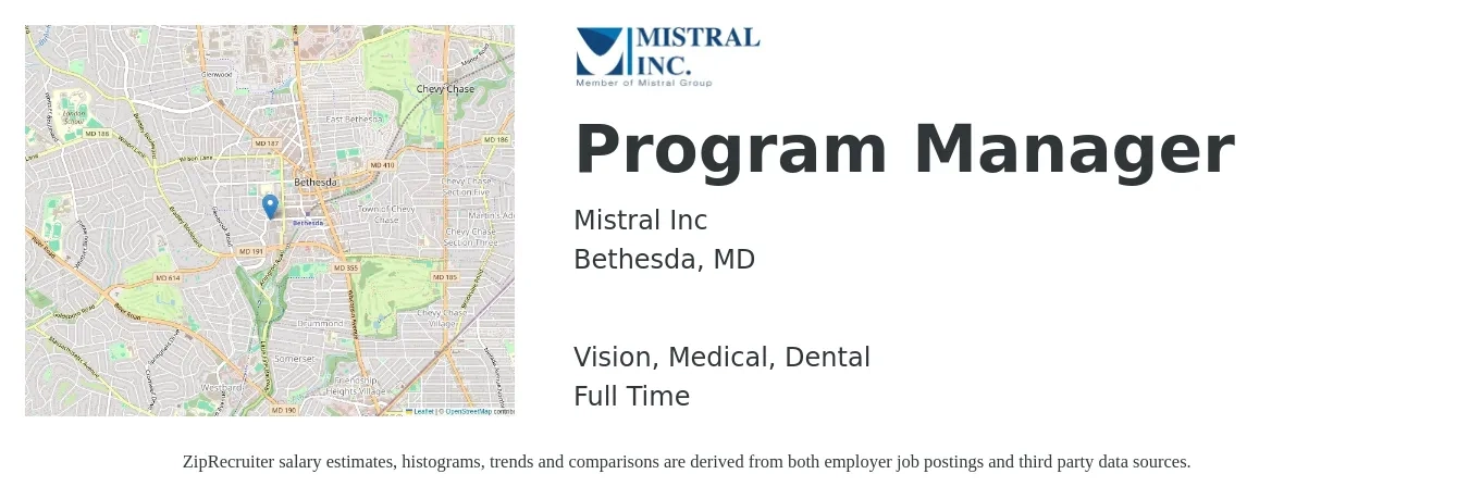 Mistral Inc job posting for a Program Manager in Bethesda, MD with a salary of $85,100 to $141,800 Yearly and benefits including retirement, vision, dental, life_insurance, and medical with a map of Bethesda location.
