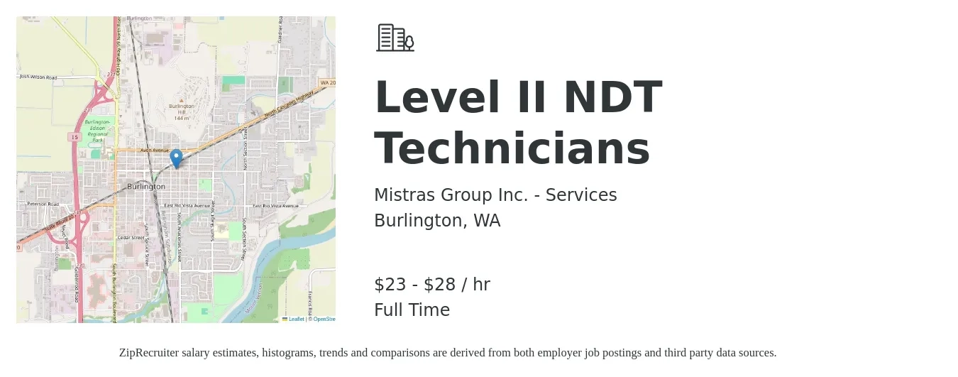 Mistras Group Inc. - Services job posting for a Level II NDT Technicians in Burlington, WA with a salary of $24 to $30 Hourly with a map of Burlington location.