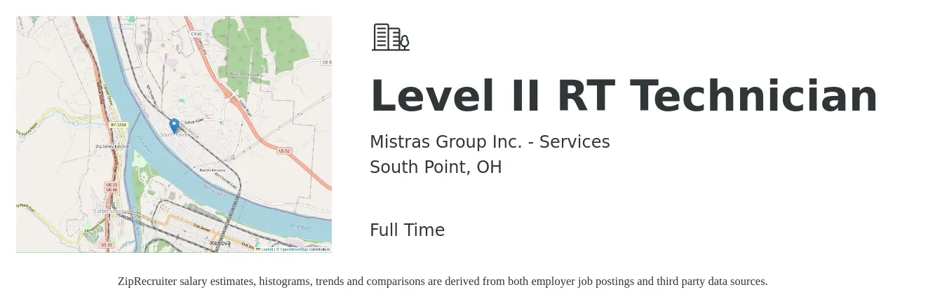 Mistras Group Inc. - Services job posting for a Level II RT Technician in South Point, OH with a salary of $14 to $20 Hourly with a map of South Point location.