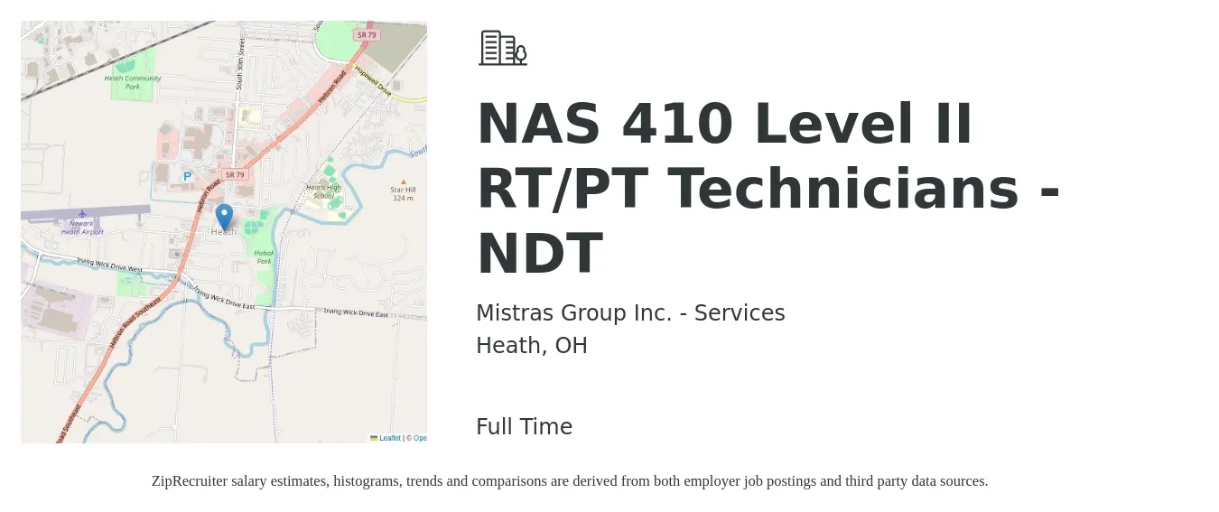 Mistras Group Inc. - Services job posting for a NAS 410 Level II RT/PT Technicians - NDT in Heath, OH with a salary of $22 to $33 Hourly with a map of Heath location.