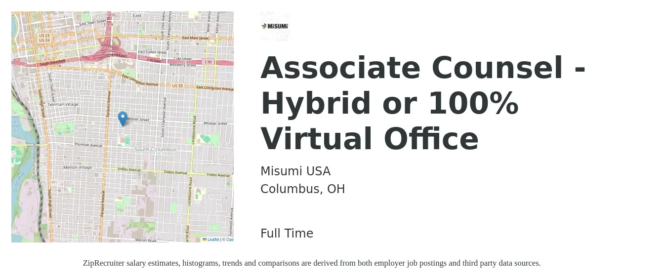 Misumi USA job posting for a Associate Counsel - Hybrid or 100% Virtual Office in Columbus, OH with a salary of $103,800 to $183,500 Yearly with a map of Columbus location.