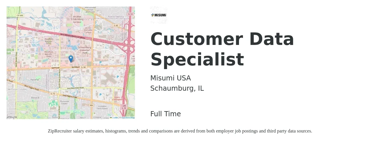 Misumi USA job posting for a Customer Data Specialist in Schaumburg, IL with a salary of $17 to $22 Hourly with a map of Schaumburg location.