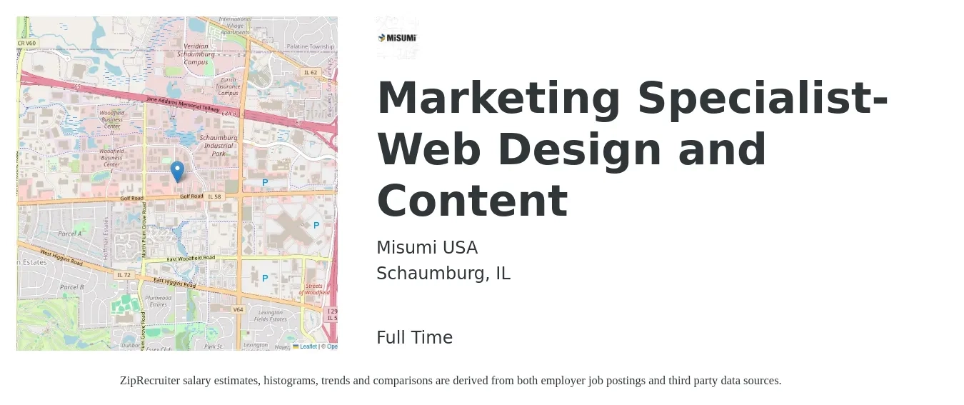 Misumi USA job posting for a Marketing Specialist-Web Design and Content in Schaumburg, IL with a salary of $39,500 to $60,700 Yearly with a map of Schaumburg location.