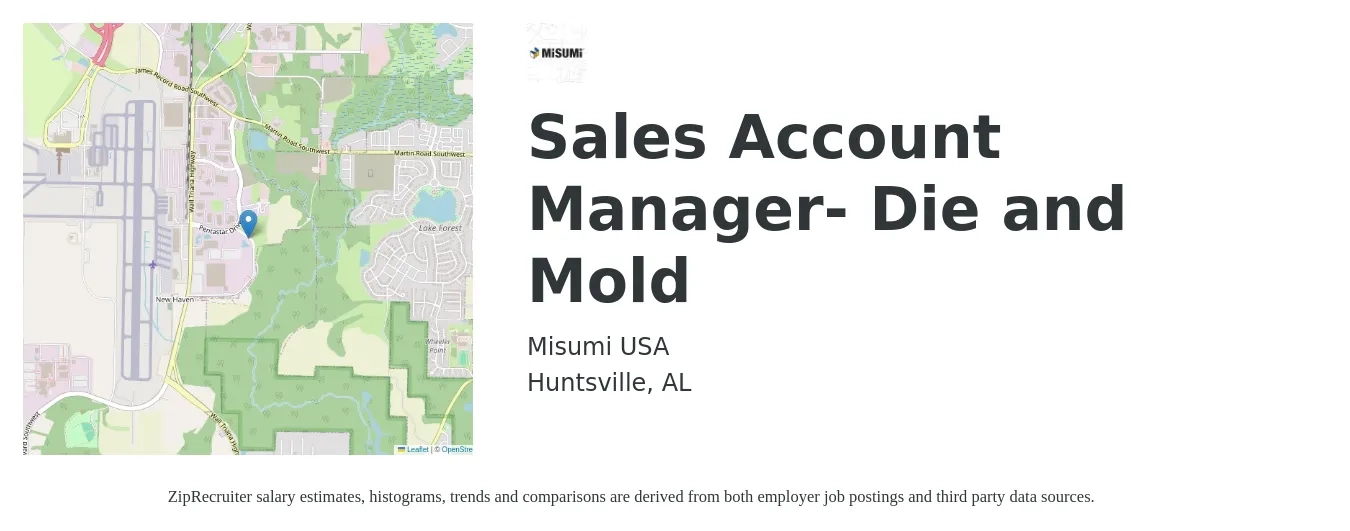 Misumi USA job posting for a Sales Account Manager- Die and Mold in Huntsville, AL with a salary of $49,800 to $78,800 Yearly with a map of Huntsville location.