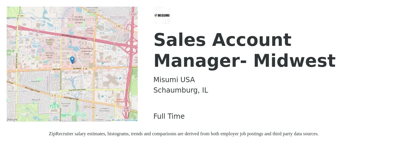 Misumi USA job posting for a Sales Account Manager- Midwest in Schaumburg, IL with a salary of $49,800 to $78,900 Yearly with a map of Schaumburg location.