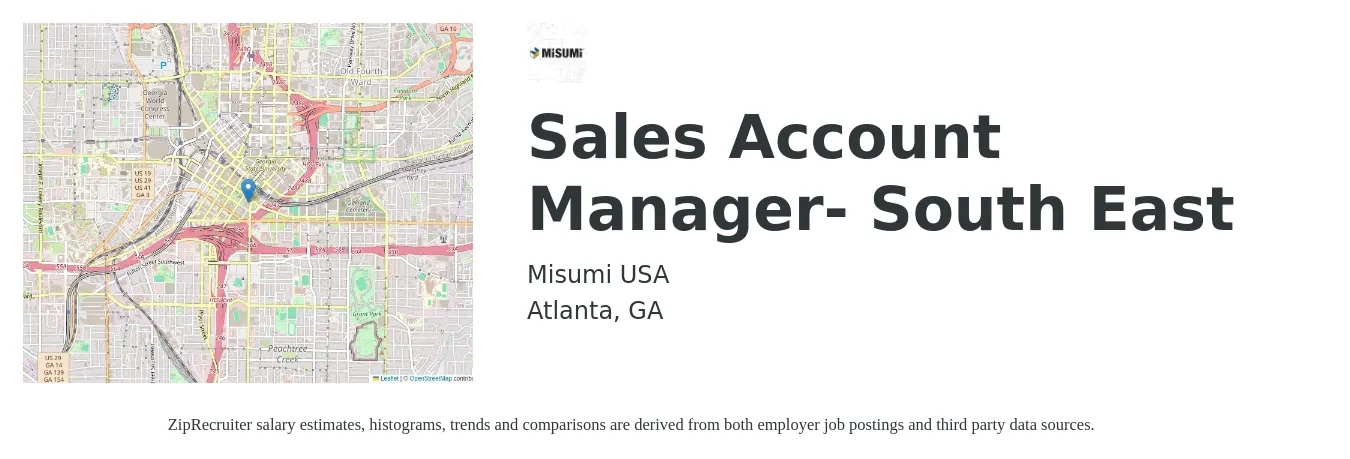 Misumi USA job posting for a Sales Account Manager- South East in Atlanta, GA with a salary of $48,600 to $76,900 Yearly with a map of Atlanta location.