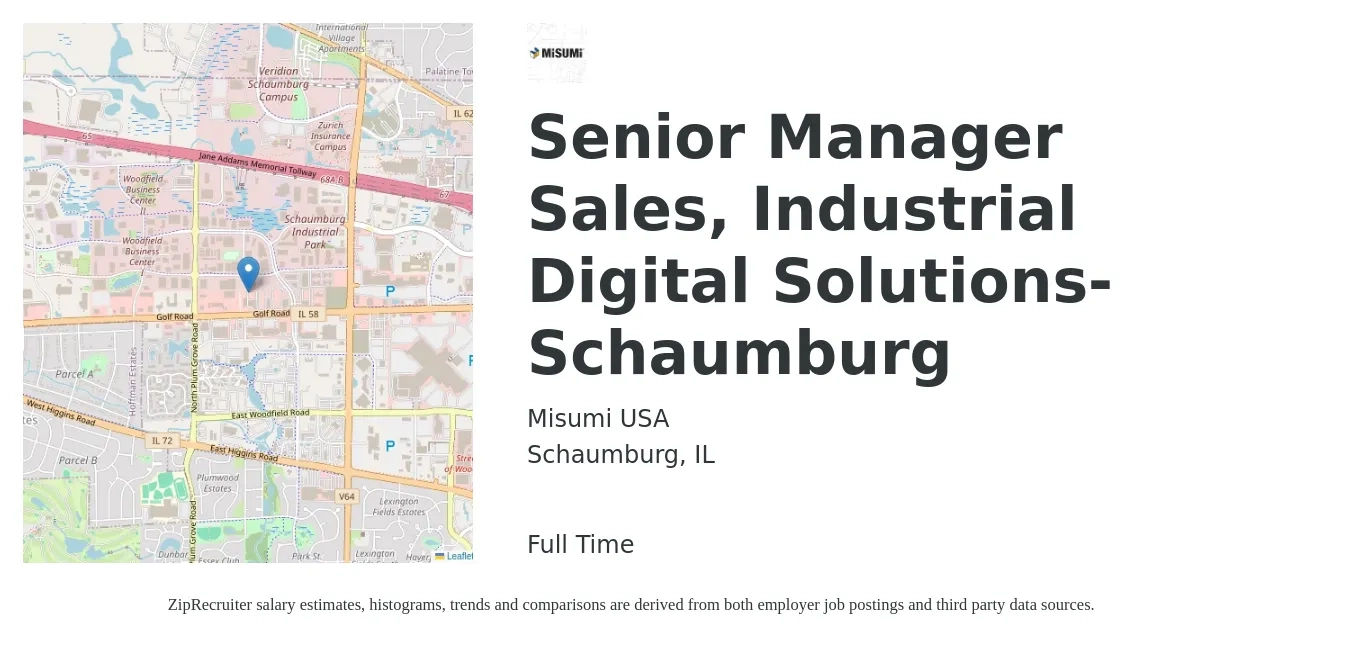 Misumi USA job posting for a Senior Manager Sales, Industrial Digital Solutions-Schaumburg in Schaumburg, IL with a salary of $66,100 to $101,600 Yearly with a map of Schaumburg location.