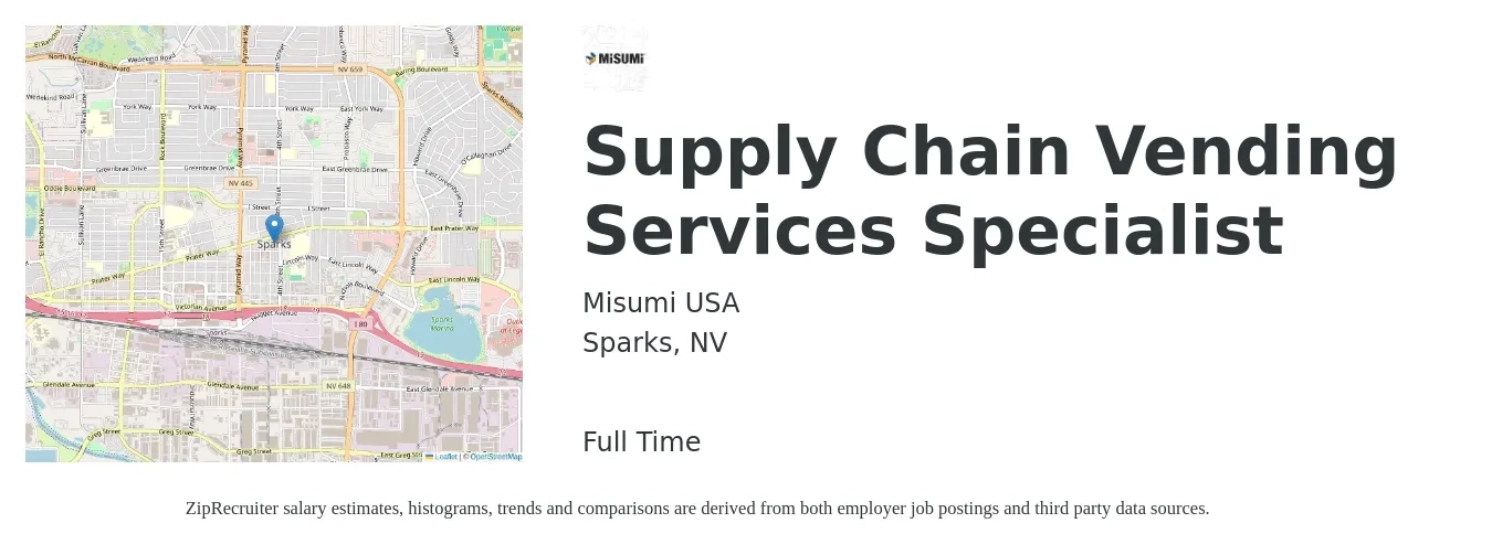 Misumi USA job posting for a Supply Chain Vending Services Specialist in Sparks, NV with a salary of $26 to $41 Hourly with a map of Sparks location.