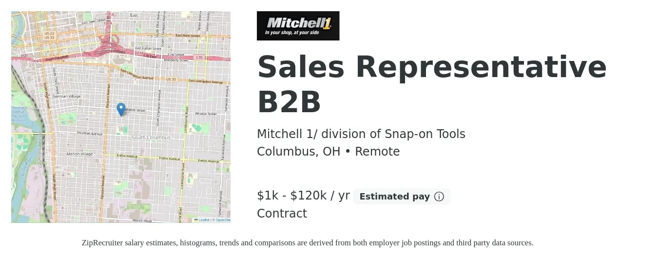 Mitchell 1/ division of Snap-on Tools job posting for a Sales Representative B2B in Columbus, OH with a salary of $1,000 to $120,000 Yearly with a map of Columbus location.