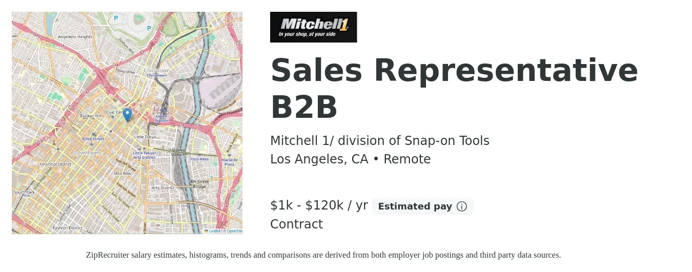 Mitchell 1/ division of Snap-on Tools job posting for a Sales Representative B2B in Los Angeles, CA with a salary of $1,000 to $120,000 Yearly with a map of Los Angeles location.