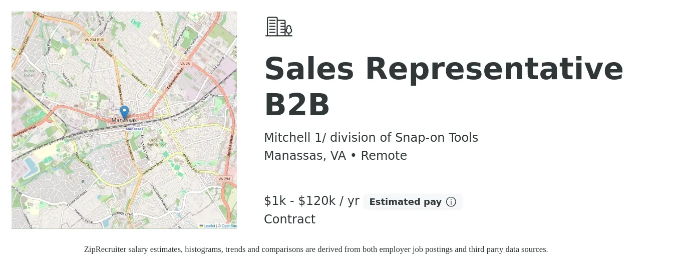 Mitchell 1/ division of Snap-on Tools job posting for a Sales Representative B2B in Manassas, VA with a salary of $1,000 to $120,000 Yearly with a map of Manassas location.