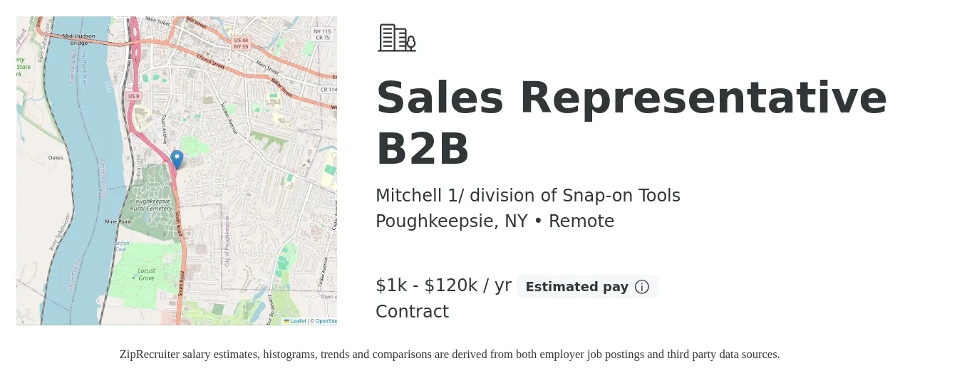 Mitchell 1/ division of Snap-on Tools job posting for a Sales Representative B2B in Poughkeepsie, NY with a salary of $1,000 to $120,000 Yearly with a map of Poughkeepsie location.