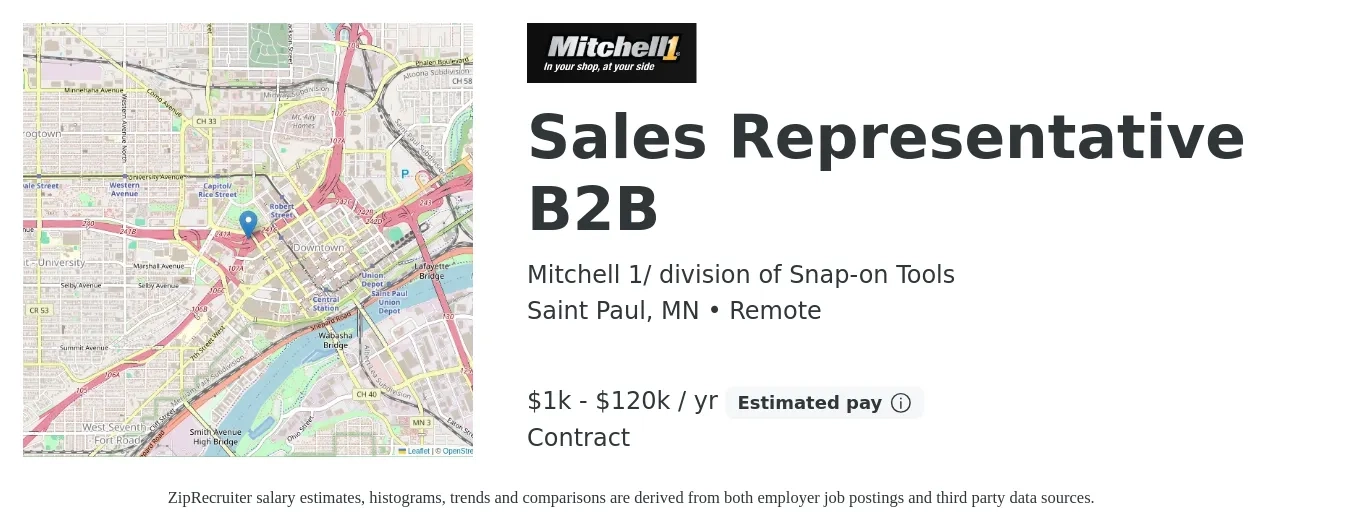 Mitchell 1/ division of Snap-on Tools job posting for a Sales Representative B2B in Saint Paul, MN with a salary of $1,000 to $120,000 Yearly with a map of Saint Paul location.