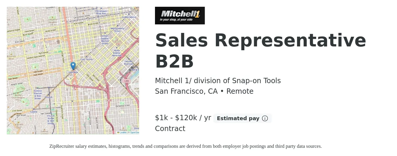 Mitchell 1/ division of Snap-on Tools job posting for a Sales Representative B2B in San Francisco, CA with a salary of $1,000 to $120,000 Yearly with a map of San Francisco location.