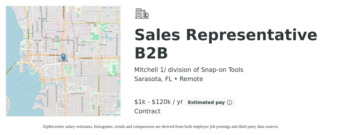 Mitchell 1/ division of Snap-on Tools job posting for a Sales Representative B2B in Sarasota, FL with a salary of $1,000 to $120,000 Yearly with a map of Sarasota location.