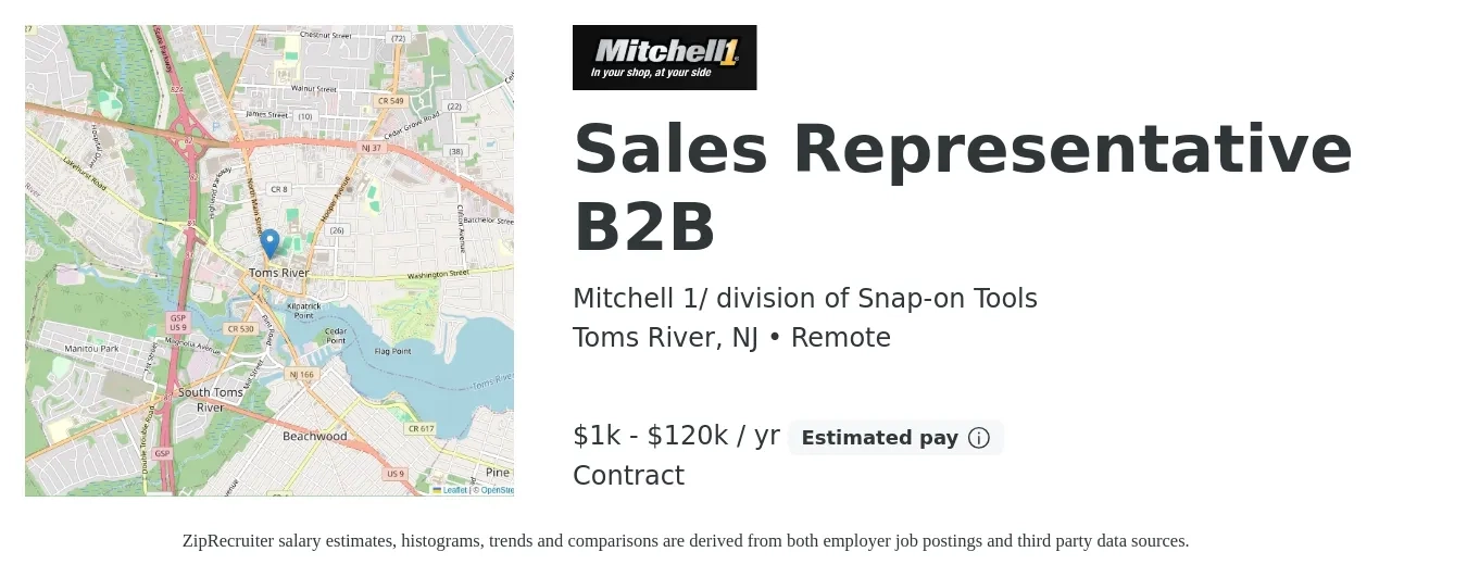 Mitchell 1/ division of Snap-on Tools job posting for a Sales Representative B2B in Toms River, NJ with a salary of $1,000 to $120,000 Yearly with a map of Toms River location.