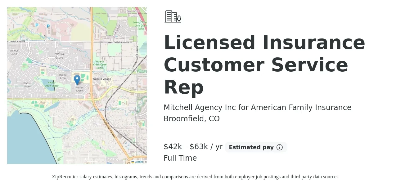 Mitchell Agency Inc for American Family Insurance job posting for a Licensed Insurance Customer Service Rep in Broomfield, CO with a salary of $42,000 to $63,000 Yearly with a map of Broomfield location.