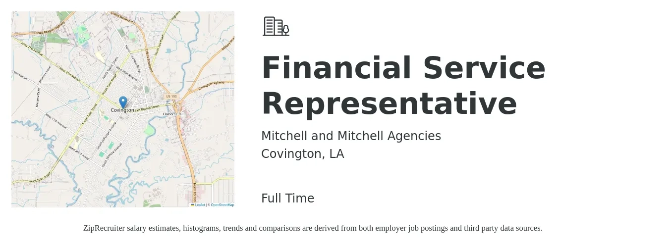 Mitchell and Mitchell Agencies job posting for a Financial Service Representative in Covington, LA with a salary of $16 to $22 Hourly with a map of Covington location.