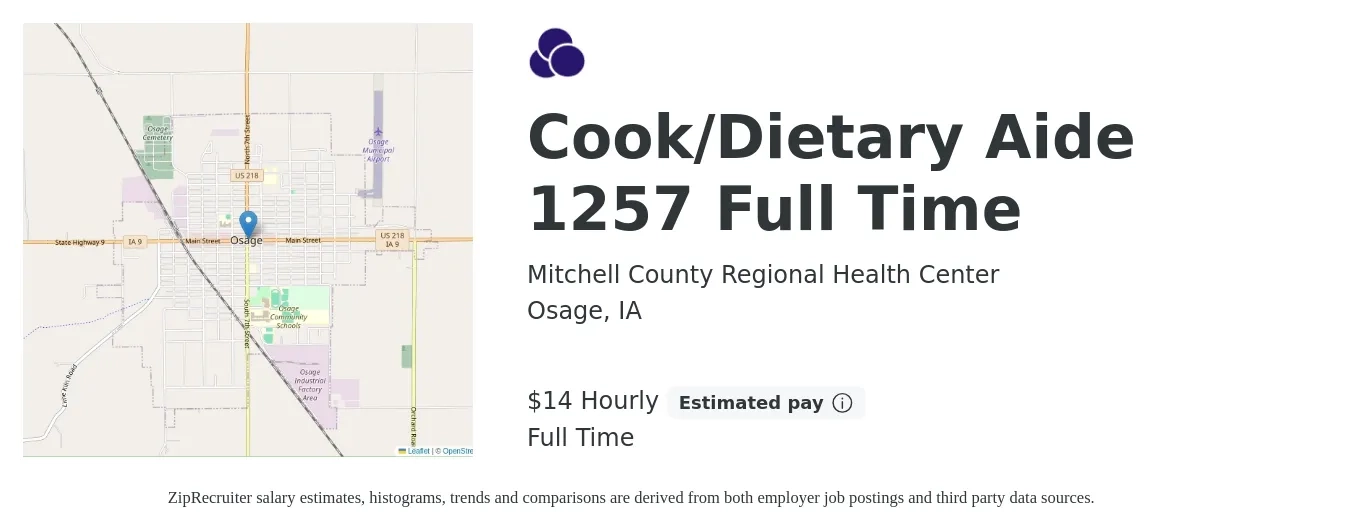 Mitchell County Regional Health Center job posting for a Cook/Dietary Aide 1257 Full Time in Osage, IA with a salary of $15 Hourly with a map of Osage location.